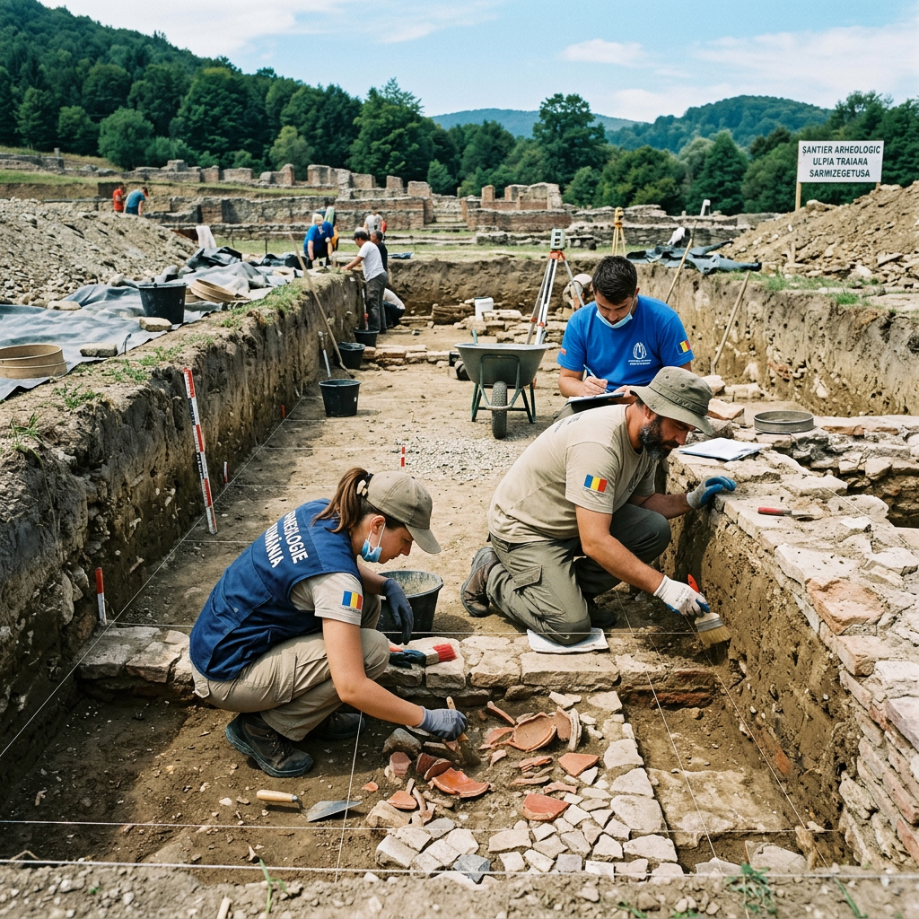 Archaeologists excavating pottery and mosaic fragments at an archaeological site with ruins in the background