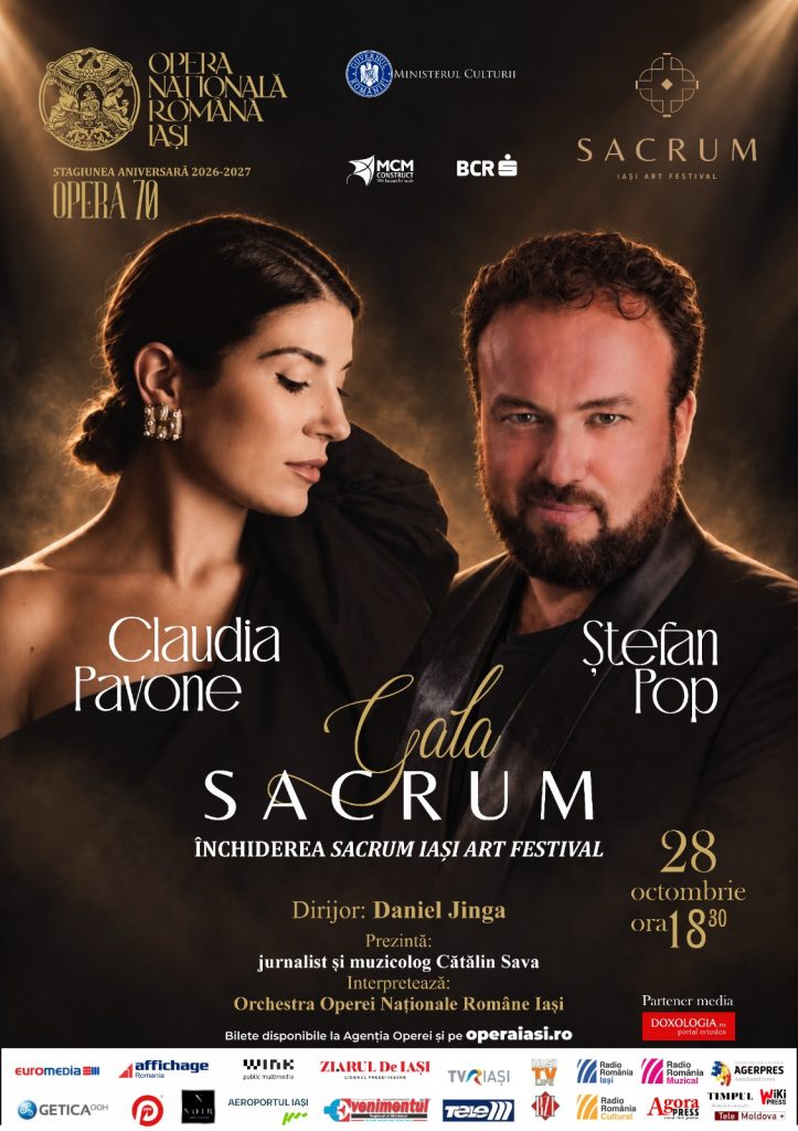Ștefan Pop și Claudia Pavone închid SACRUM Iași Art Festival: gală la Opera din Iași, sub bagheta lui Daniel Jinga